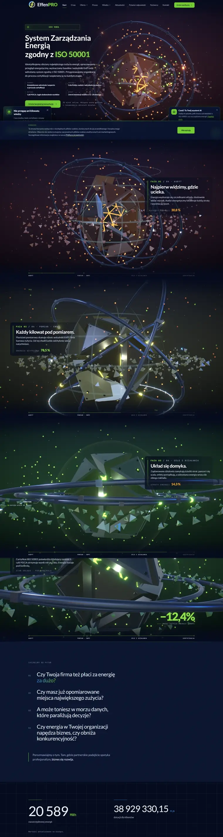 Full page for EffenPRO, top to bottom. on a dark background, a headline about an energy management system next to a glowing core shape surrounded by green points and orbits.