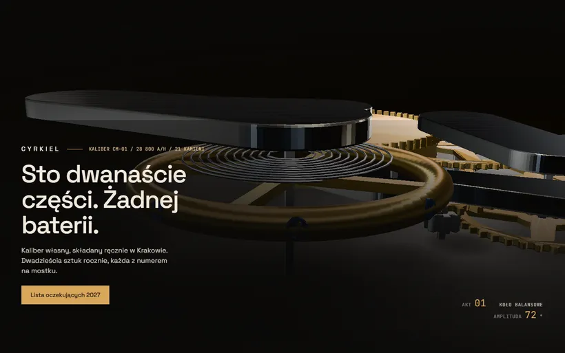 Wnętrze mechanicznego zegarka w zbliżeniu: mosiężne koła zębate pod mostkami, rubinowe łożyska i koło balansowe ze sprężyną włosową.