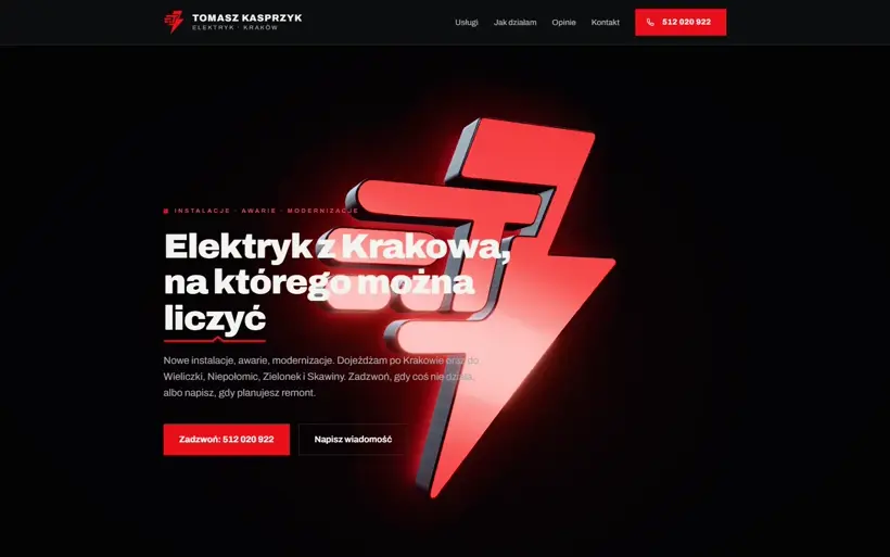 Pierwszy ekran strony Tomasz Kasprzyk: na czerwonym tle tytuł i czerwony przewód wchodzący w świecący znak z inicjałami w kształcie błyskawicy.